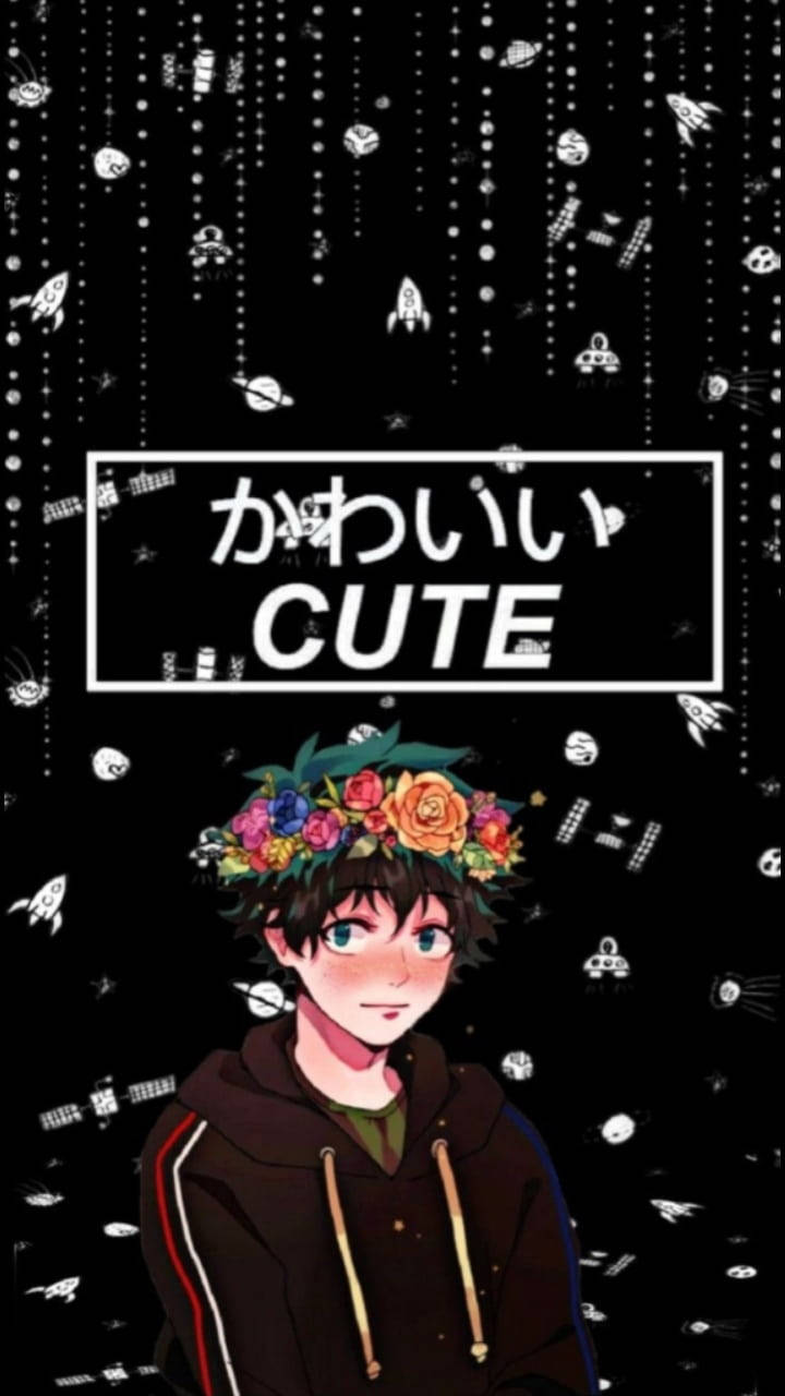 戴著花冠的動漫男孩，周圍有墜落的太空塗鴉。