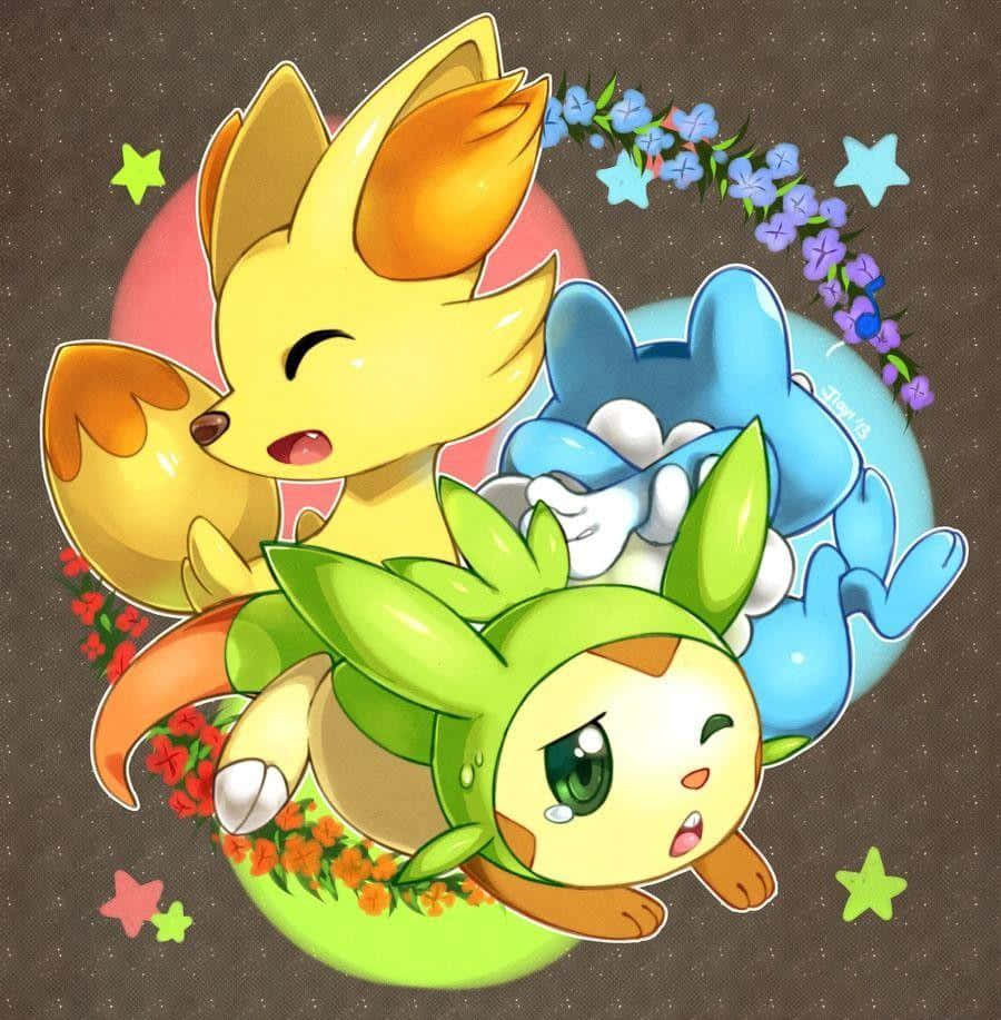 三隻Pokémon角色喺花朵同星星圍繞下擁抱。
