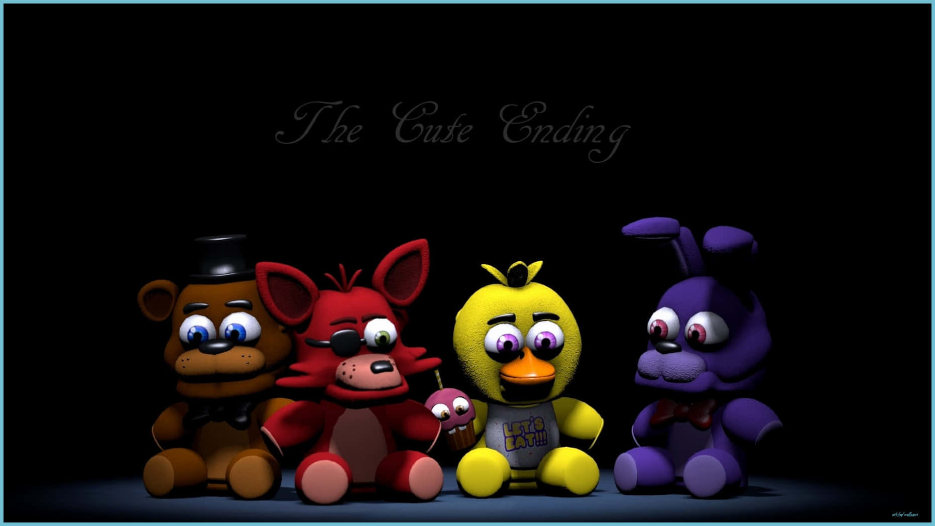 來自《Five Nights at Freddy's》的四個電子動畫角色在戲劇性的燈光下一同坐著，上方有文字「The Cute Ending」。