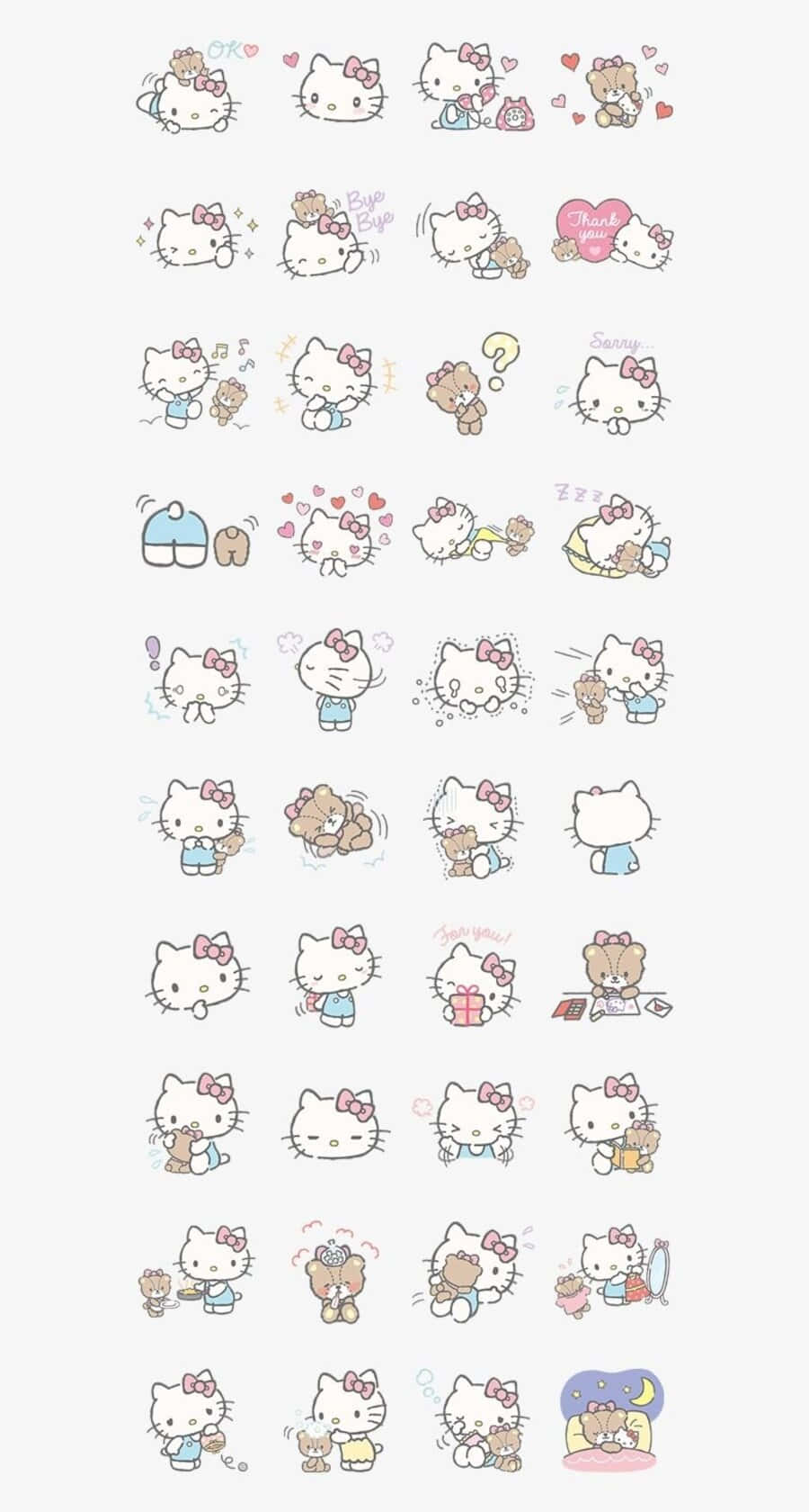 Hello Kitty And Friends 桌布 壁紙 — 可愛的Hello Kitty和朋友們貼紙網格，展示各種俏皮的互動和表情。