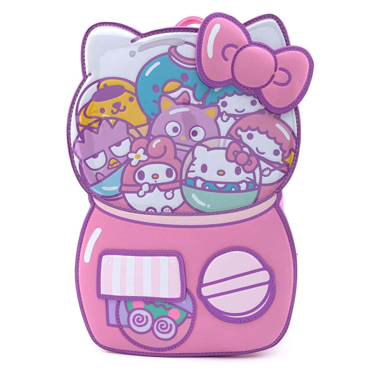 可愛的Hello Kitty壁紙，為粉絲打造 壁紙 — 一個粉紅色Hello Kitty背包，形狀像一個裝滿可愛卡通角色和糖果的糖果罐。