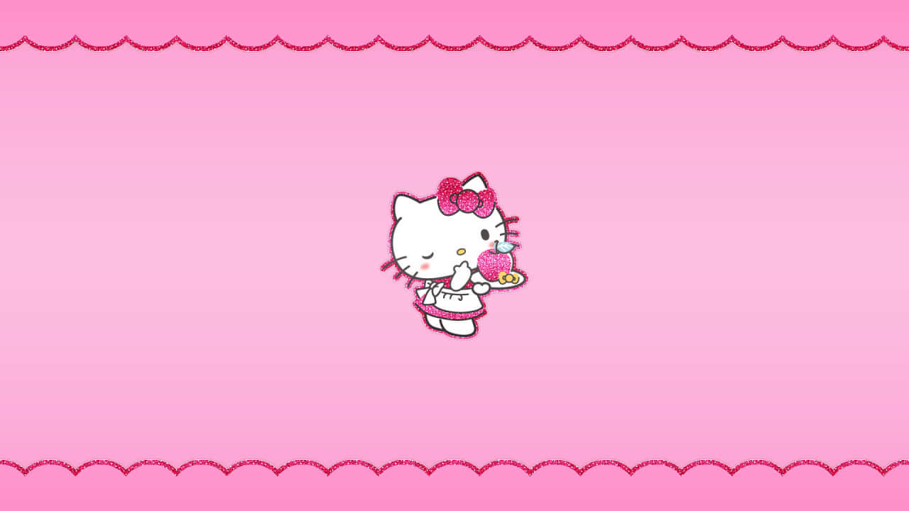 Hello Kitty 在粉紅色背景上拿著一個紙杯蛋糕，帶有裝飾性邊框。
