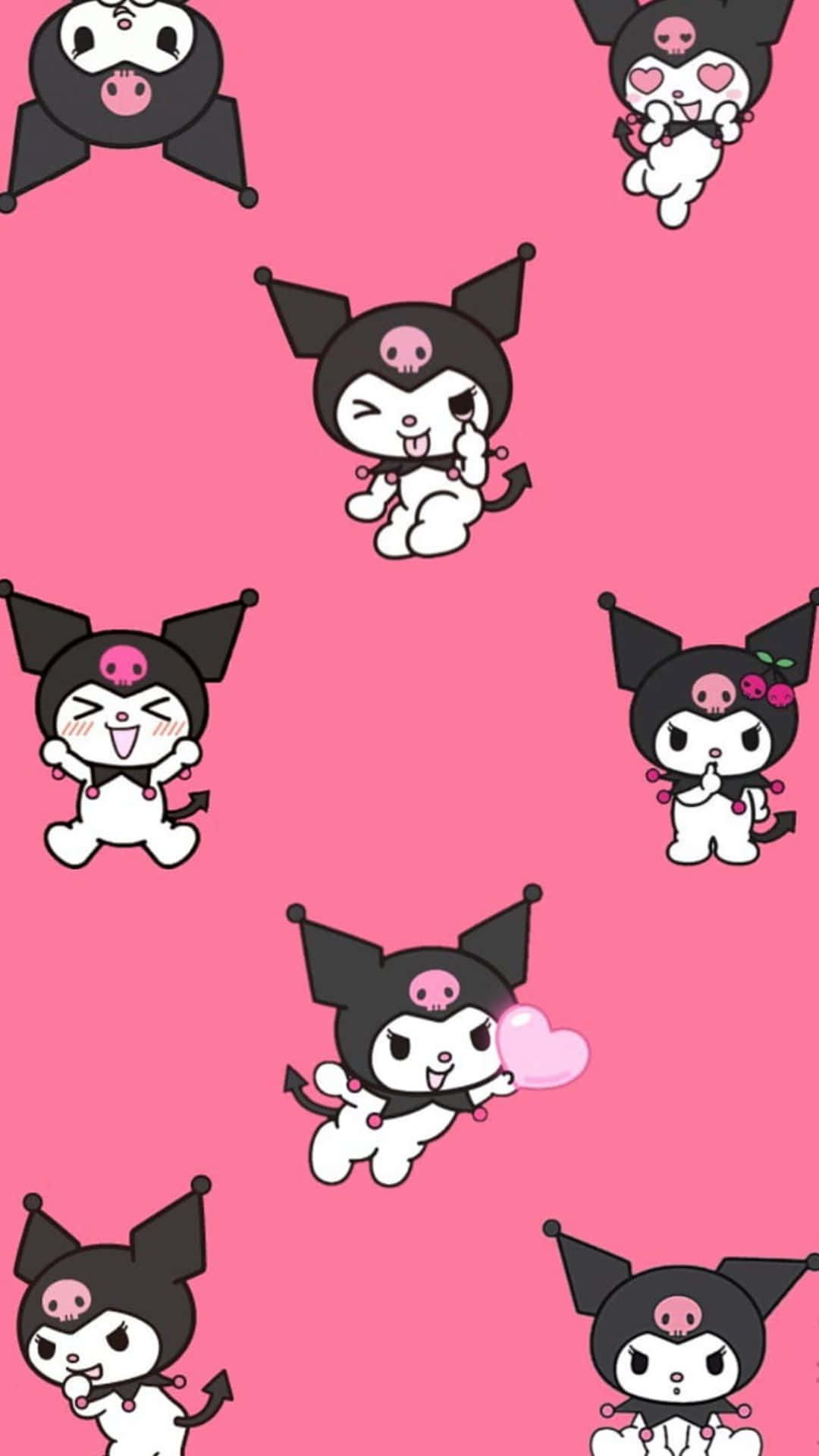 Kuromi Pattern 桌布 壁紙 — 可愛的Kuromi角色以各種俏皮姿勢漂浮在充滿活力的粉紅色背景上。