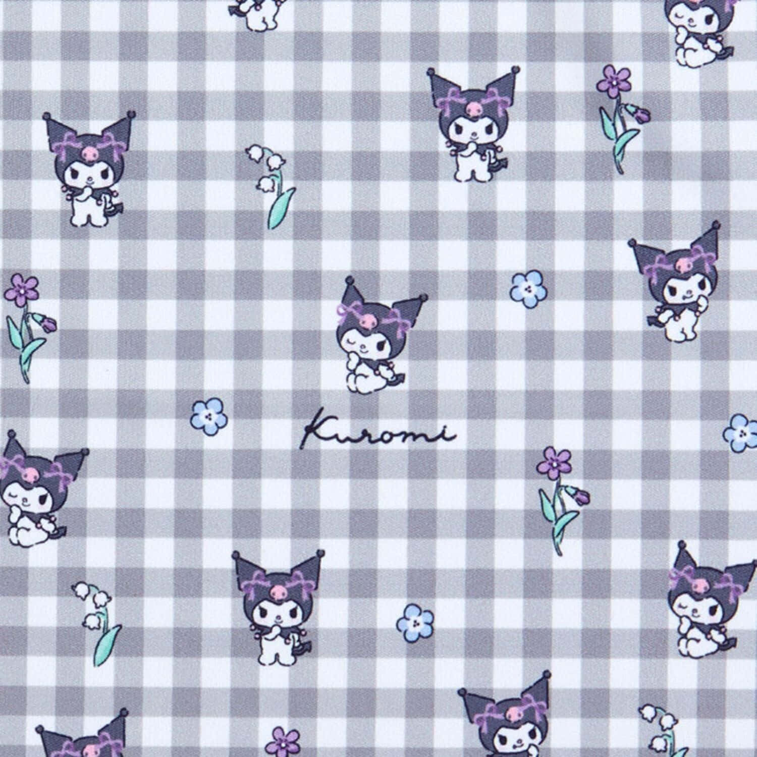 Kuromi Pattern 桌布 壁紙 — 可愛的Kuromi角色和花朵在灰色和白色的格仔布料背景上重複。