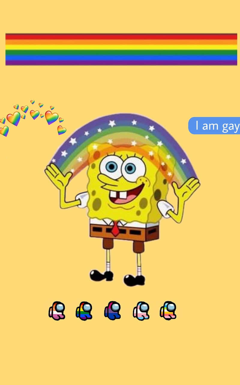 可愛的LGBT海綿寶寶與Among US 壁紙 — 海綿寶寶在彩虹拱門下開心地微笑，彩虹心形在他周圍飄浮。