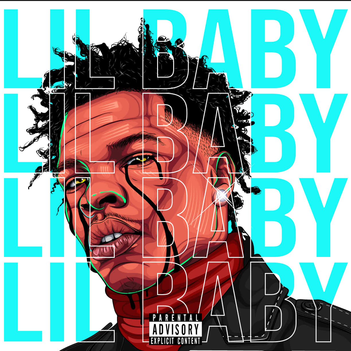 Lil Baby 肖像，帶有青色文字和紅色圍巾，可見家長諮詢標籤。