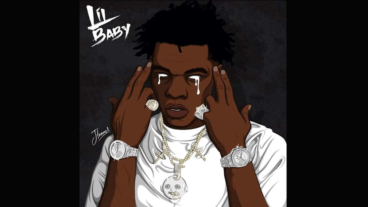 Lil Baby 雙手掩面哭泣，佩戴奢華珠寶，身穿白色襯衫。