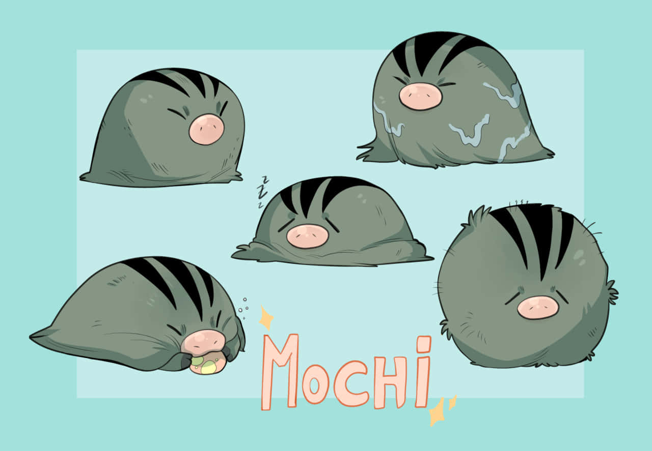 可愛的Mochi史尼布 壁紙 — 五隻有黑色條紋的可愛灰色麻糬生物，在柔和的青綠色背景上以各種舒適的姿勢睡覺。