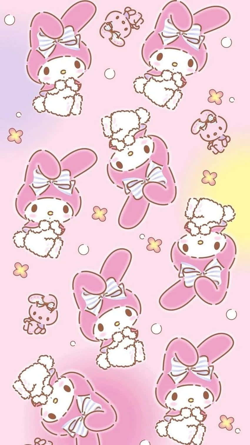 My Melody 角色穿著粉紅色服裝，戴著蝴蝶結，在粉彩粉紅色背景上，有花朵和氣泡。
