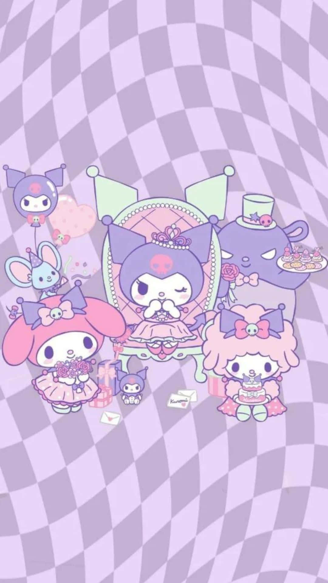 Kuromi Pattern 桌布 壁紙 — 可愛的My Melody角色穿著粉紅色和紫色的服裝，在格子背景上與蛋糕和字母一起擺姿勢。