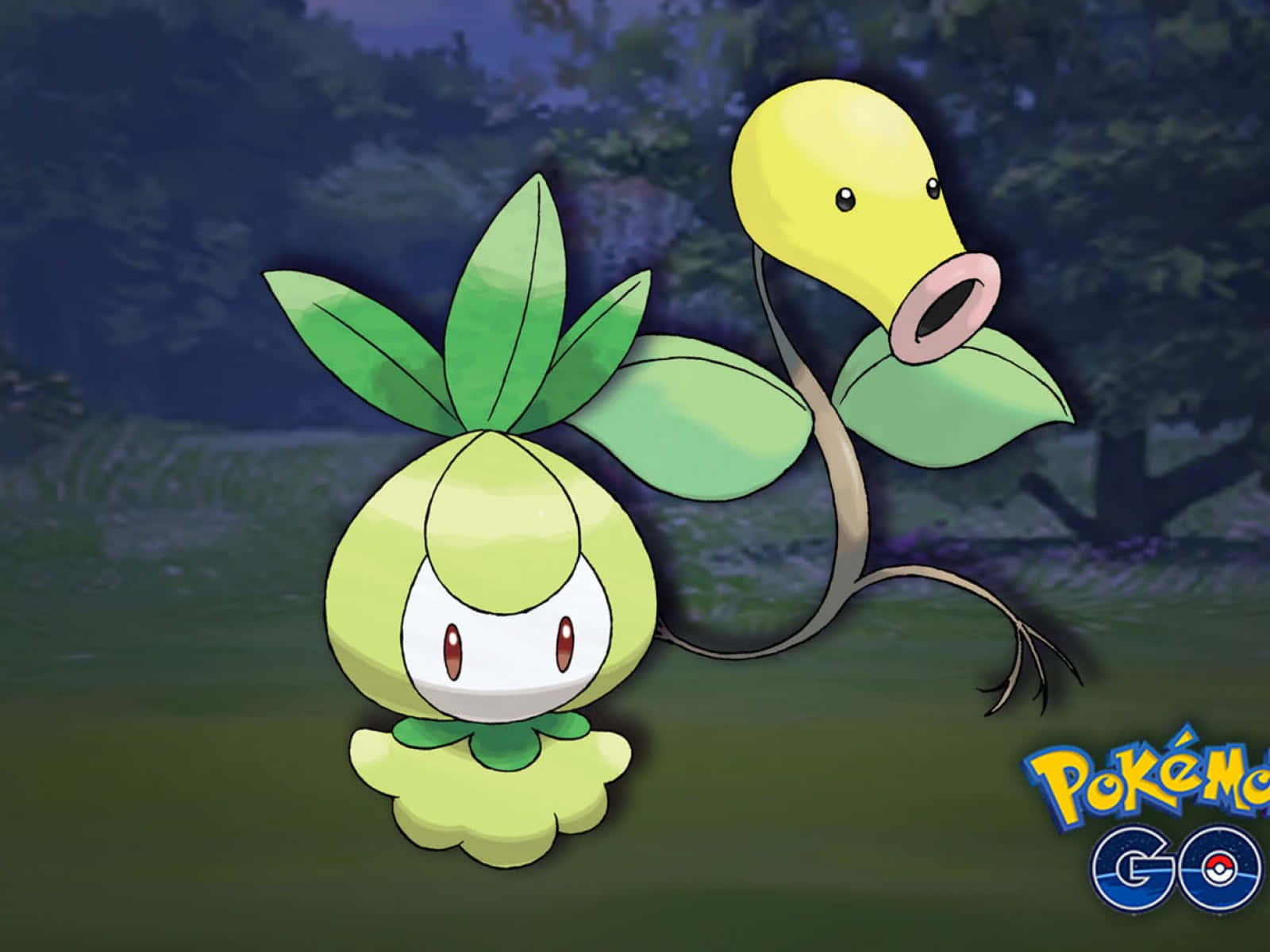 夜晚森林場景中的兩隻寶可夢Bellsprout和Weepinbell。