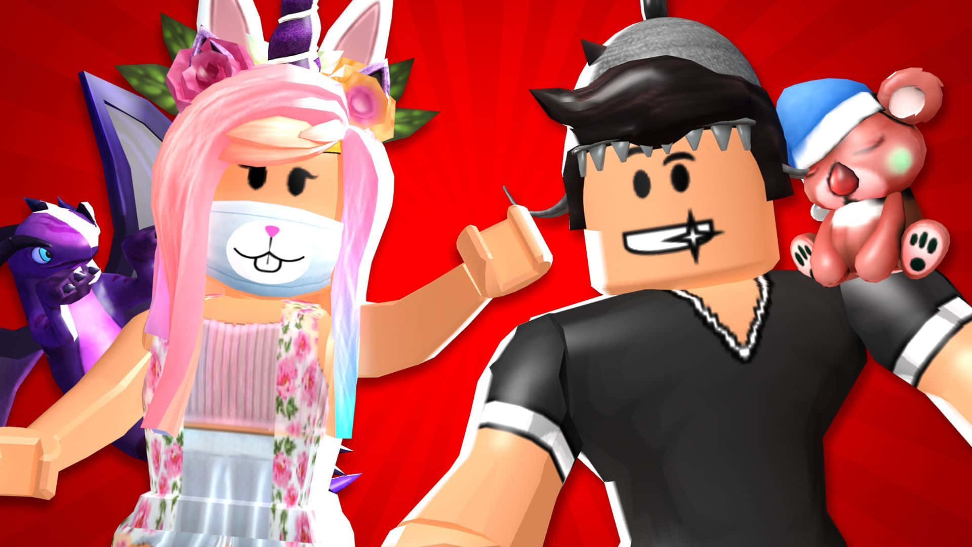 可愛的Preppy Roblox與男子 壁紙 — 兩個 Roblox 角色在鮮紅色背景前，與紫色龍和泰迪熊一起愉快地擺姿勢。