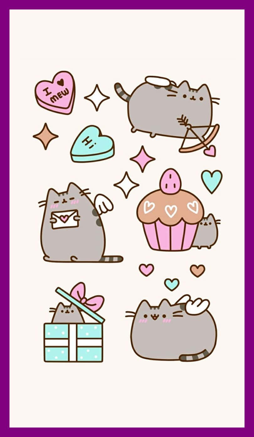 Cute Pusheen 桌布 壁紙 — 可愛的Pusheen貓貼紙，以情人節為主題的姿勢，配有愛心和禮物，背景為奶油色。
