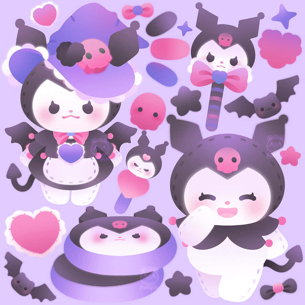 Kuromi Fanart 桌布 壁紙 — 可愛的Q版Kuromi角色，穿著女巫服裝，配有蝙蝠、心形和星星，背景為粉紫色。