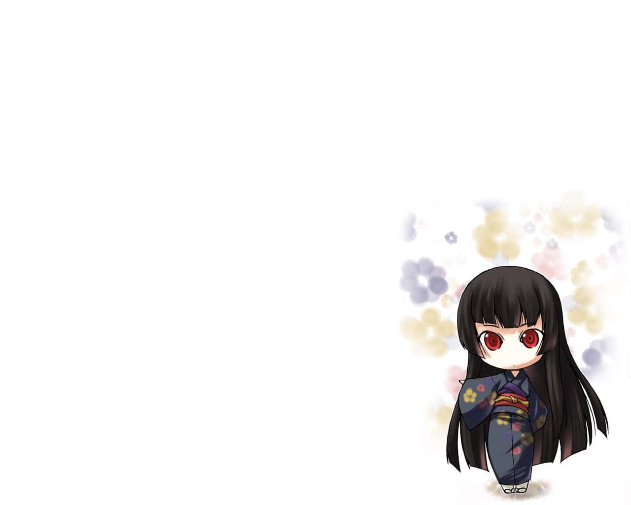 Q版動漫女孩穿著花卉和服，紅眼黑髮，背景是粉彩散景。