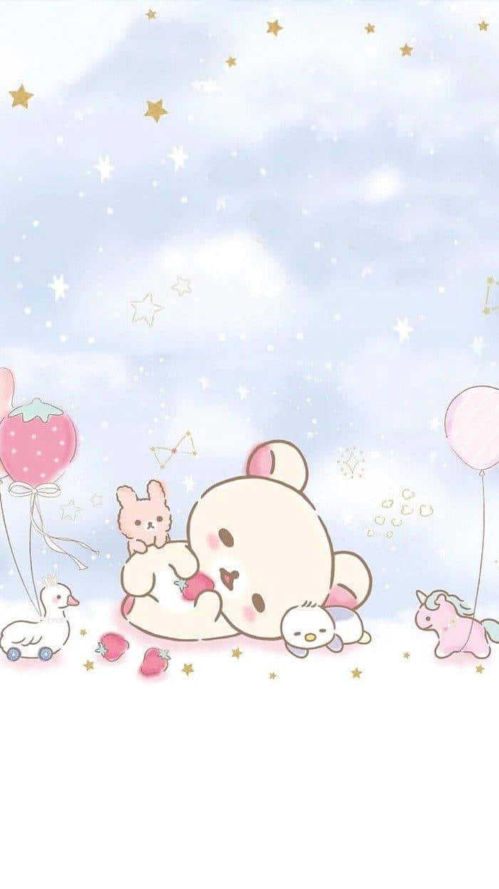 可愛的Rilakkuma尋找擁抱 壁紙 — 一隻可愛的粉彩熊在星空下安睡，周圍有漂浮的氣球和小動物。