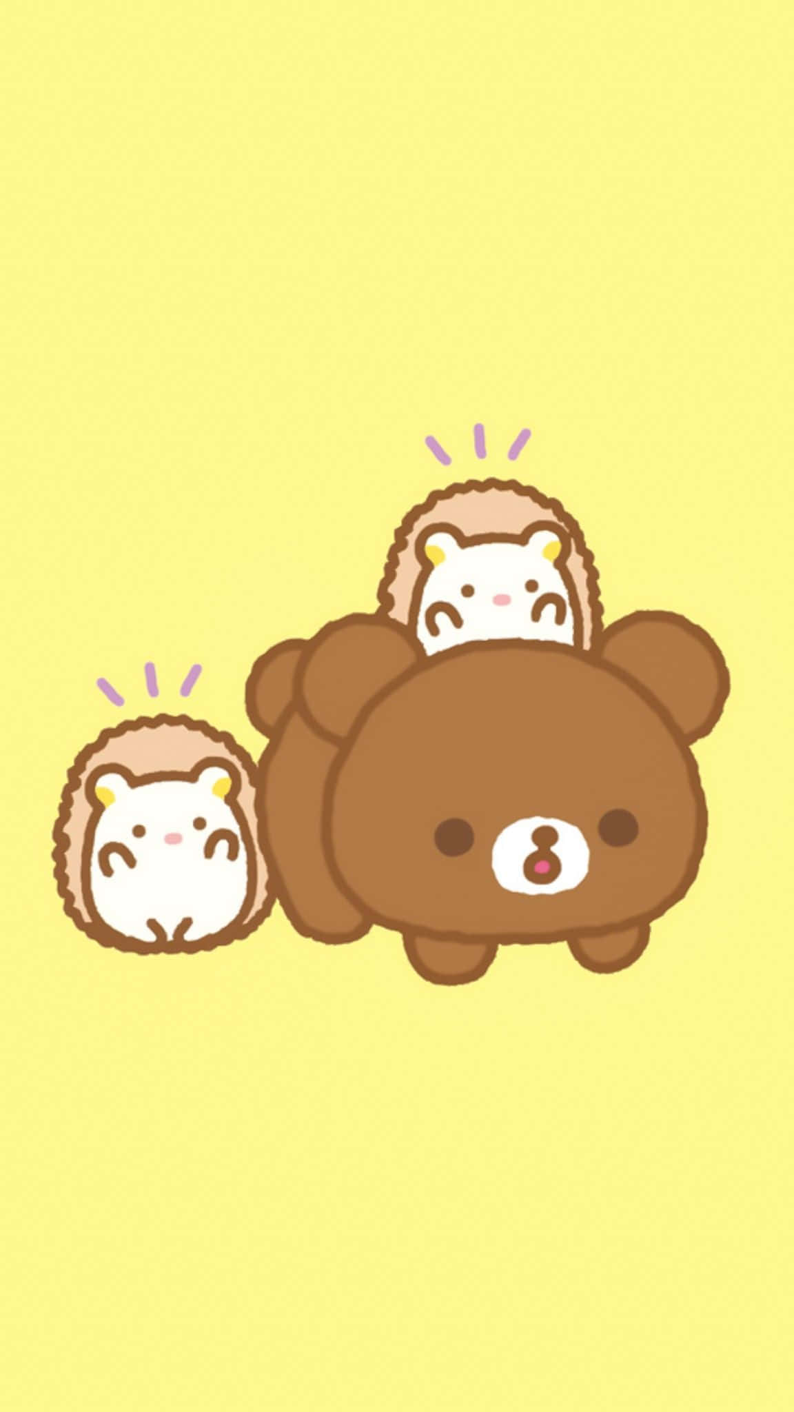 可愛的Rilakkuma熊坐在花田中 壁紙 — 三隻可愛的卡通動物，背上有尖刺的棕色背部，面帶笑容，一起坐在純黃色背景上。