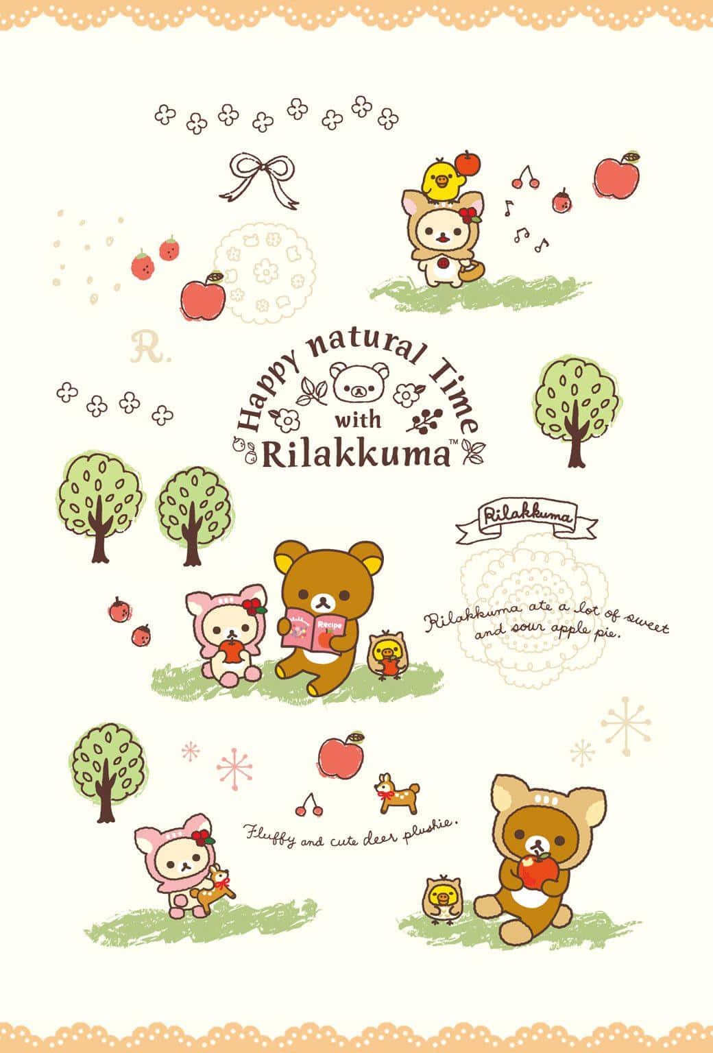 Rilakkuma角色與蘋果和樹木在一個奇思妙想的插畫場景中。 — 鬆弛熊 GIF 壁紙