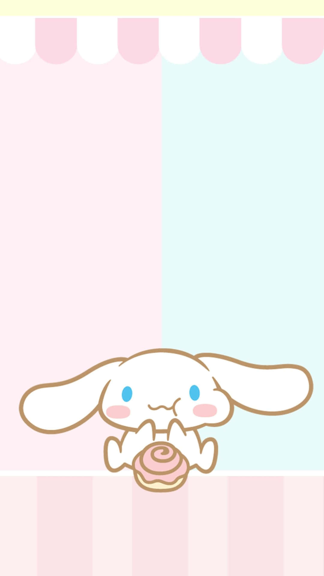 Cinnamoroll 喺粉彩色簷篷下面拎住一個粉紅色糖霜冬甩。