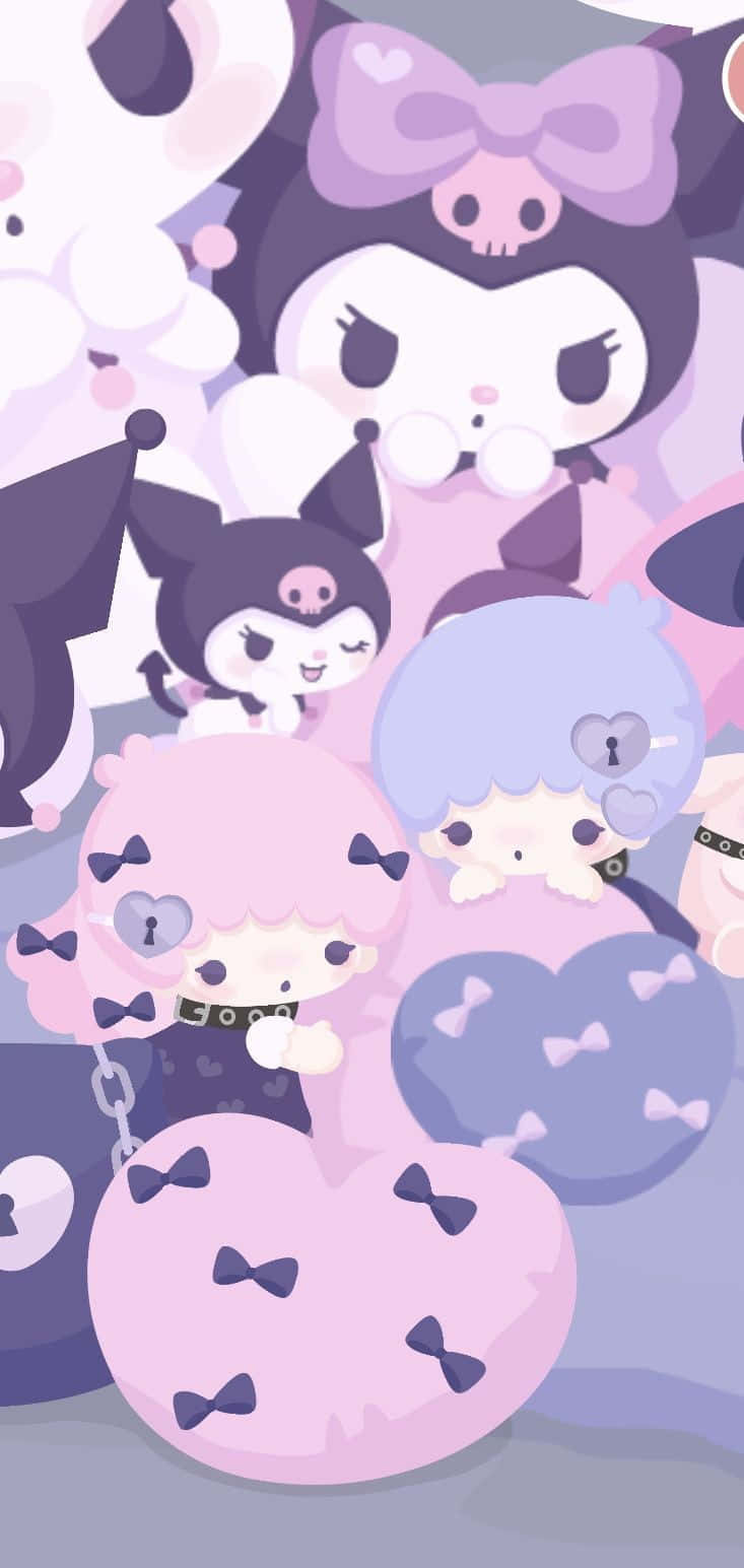 Kuromi Aesthetic 桌布 壁紙 — 可愛的Sanrio角色以粉彩粉紅色和紫色呈現，配有蝴蝶結和心形圖案，以俏皮的簇狀構圖排列。