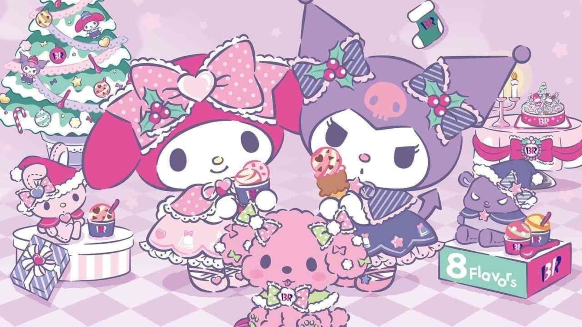 Kuromi Christmas 桌布 壁紙 — 可愛的Sanrio角色在粉彩粉紅色的房間裡，戴著節日帽子、享用美食，並圍繞著裝飾好的聖誕樹慶祝聖誕節。