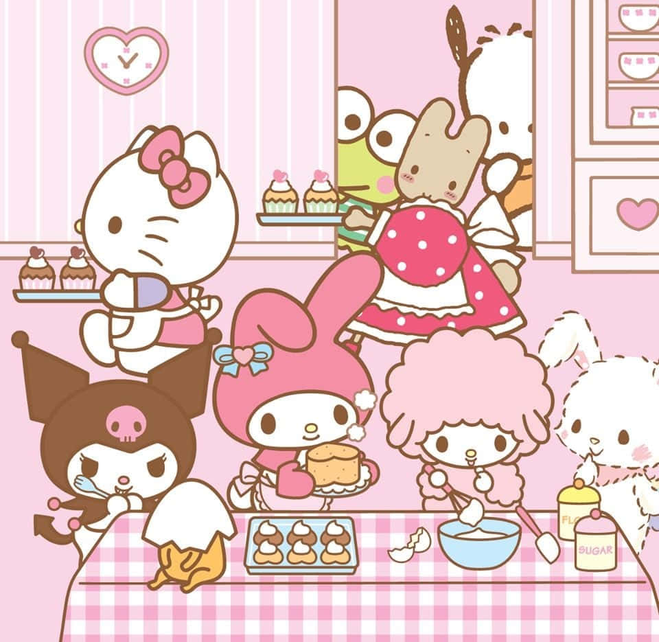 Hello Kitty And Friends 桌布 壁紙 — 可愛的Sanrio角色在粉紅色條紋廚房裡一起烤紙杯蛋糕，廚房裡有愛心裝飾和烘焙用品。