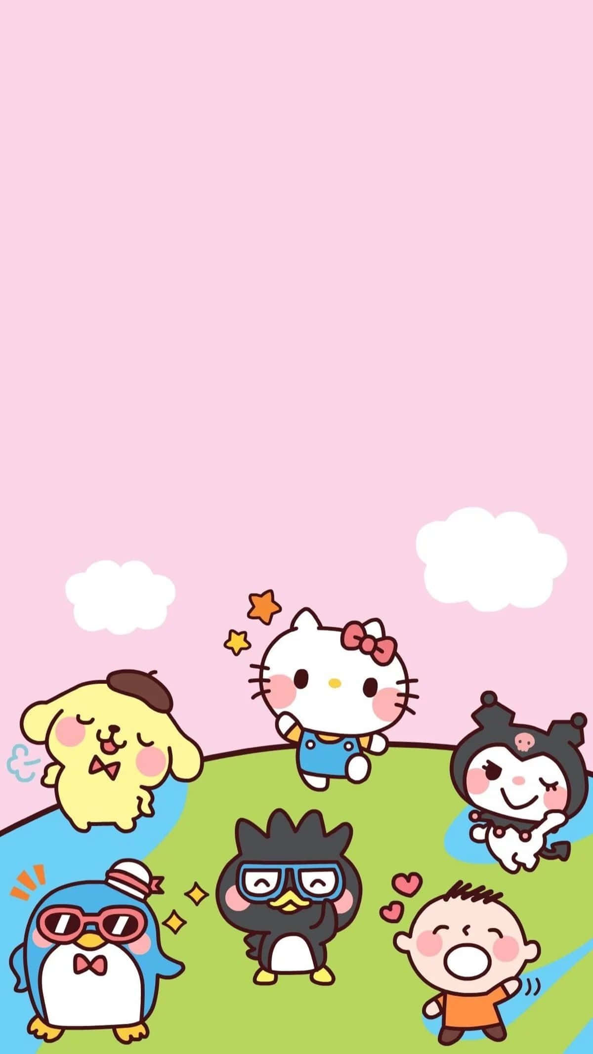 Hello Kitty And Friends 桌布 壁紙 — 可愛的Sanrio角色如Hello Kitty和Pompompurin在柔和的粉紅色天空下，在長滿青草的小山上快樂地玩耍，天空中有蓬鬆的雲朵。