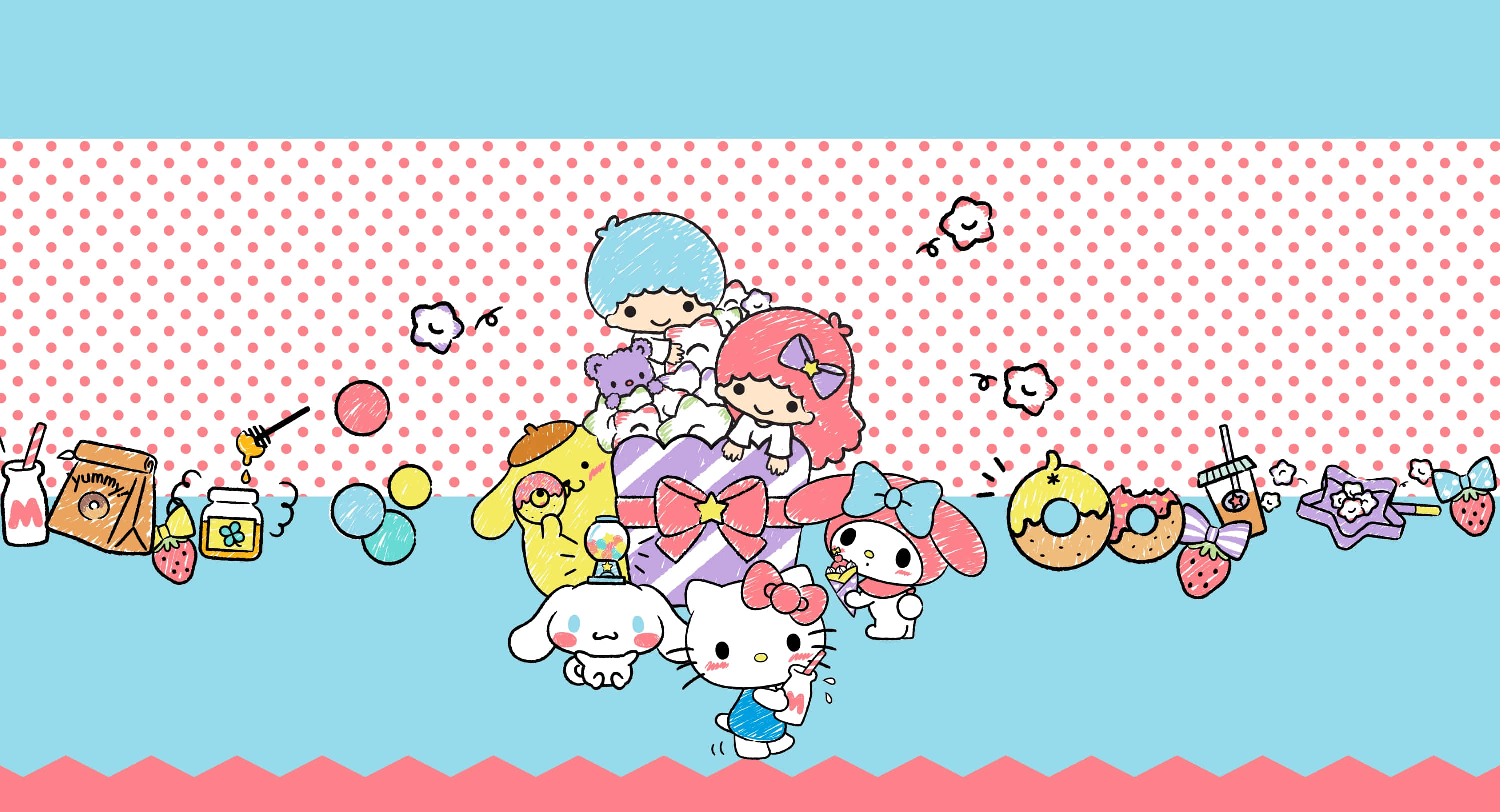 Hello Kitty And Friends 桌布 壁紙 — 可愛的Sanrio角色如Hello Kitty和My Melody，與甜點和粉彩色調一起聚集在圓點背景上。