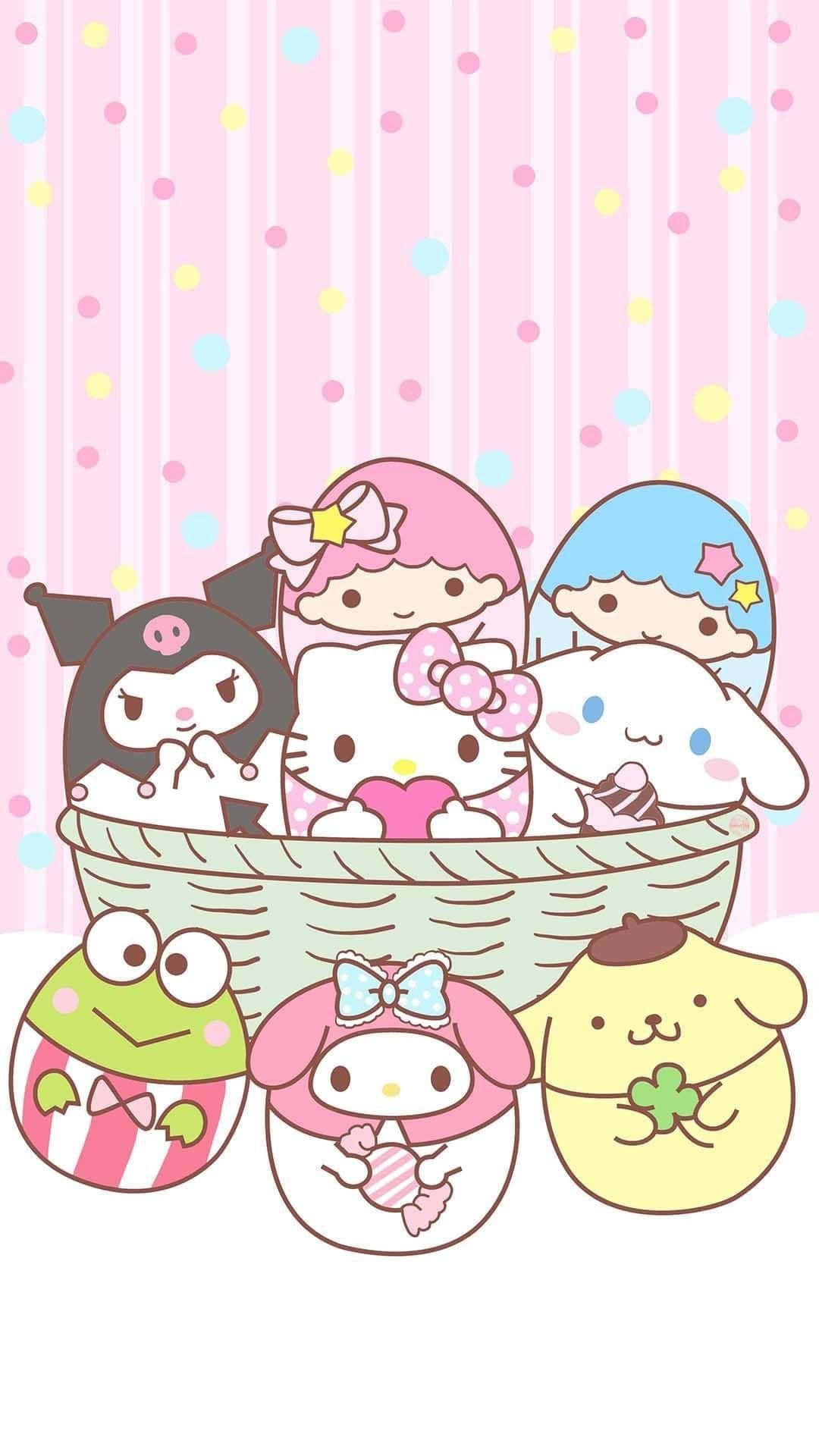 Hello Kitty And Friends 桌布 壁紙 — 可愛的Sanrio角色如Hello Kitty和My Melody一起坐在一個籃子裡，背景是粉紅色條紋和彩色波點。