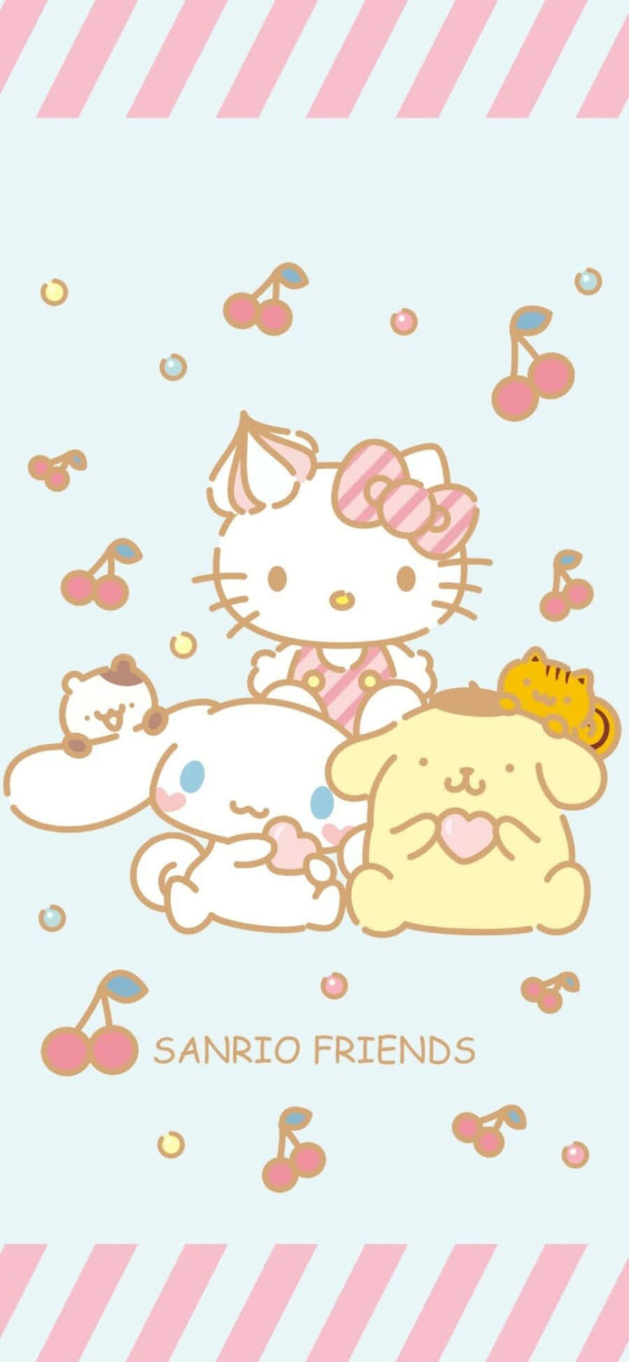 Hello Kitty And Friends 桌布 壁紙 — 可愛的Sanrio角色如Hello Kitty和Cinnamoroll坐在一起，周圍漂浮著櫻桃，背景為粉彩。
