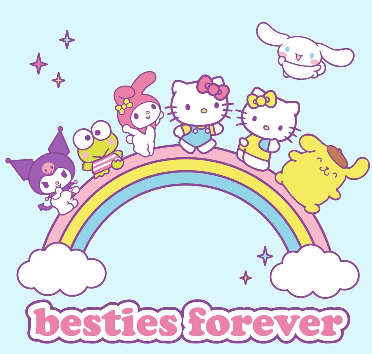 Hello Kitty And Friends 桌布 壁紙 — 可愛的Sanrio角色愉快地坐在柔和天空中的粉彩彩虹上，天空中有閃爍的星星和蓬鬆的雲朵。