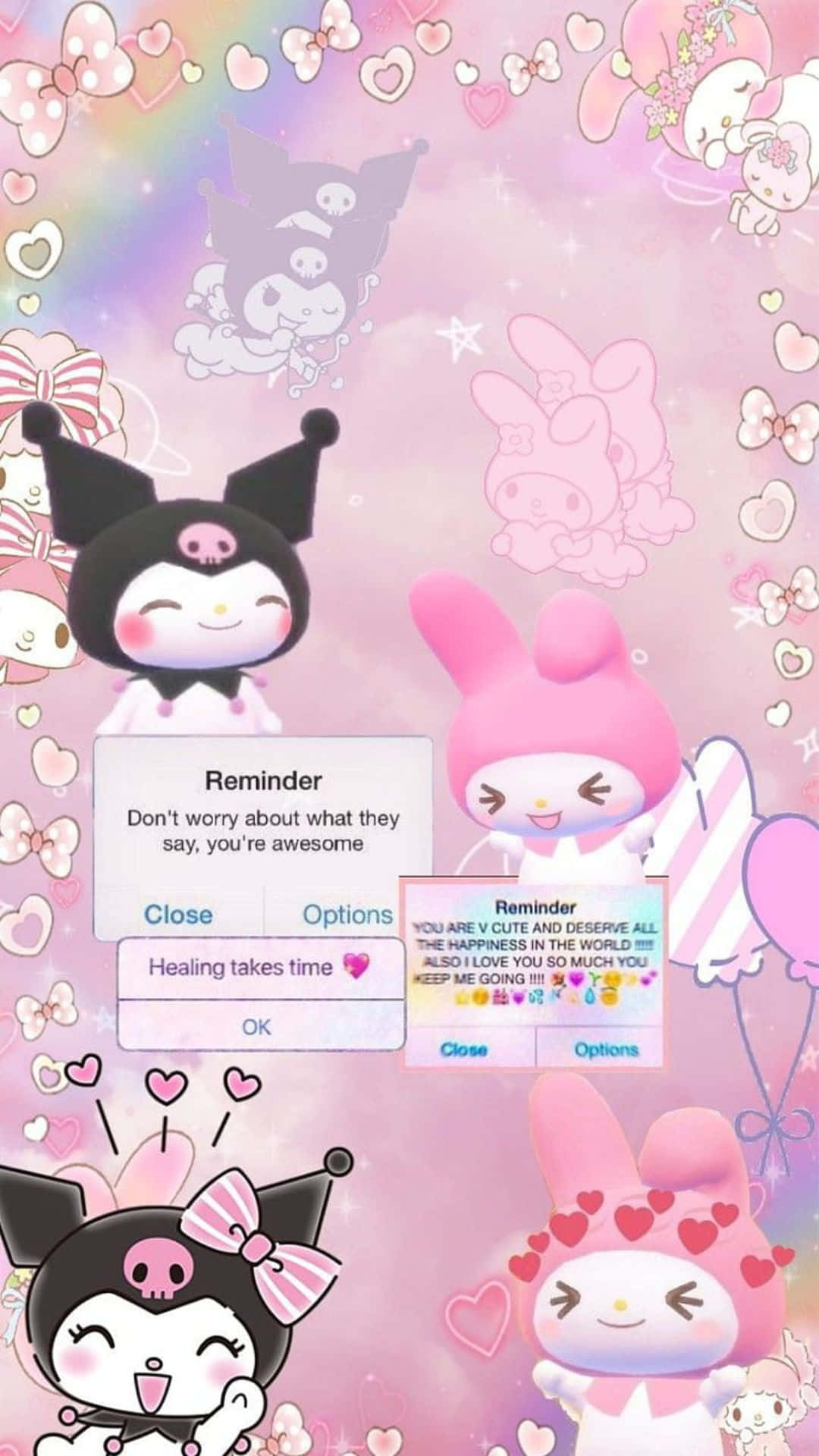 Kuromi And My Melody 桌布 壁紙 — 可愛的Sanrio角色漂浮在充滿心形和浮動提醒彈出視窗的粉彩粉紅色夢幻空間中。