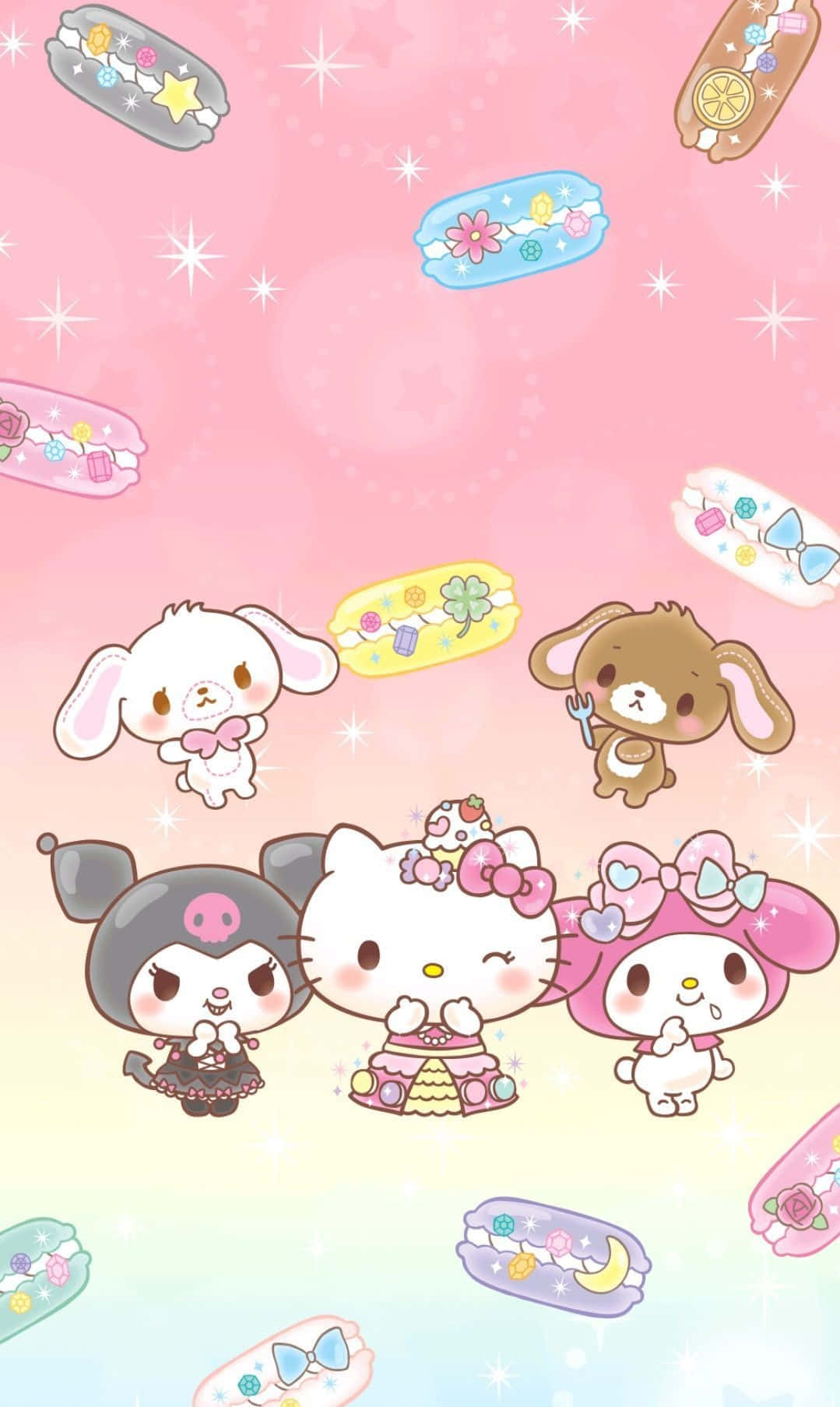 Hello Kitty And Friends 桌布 壁紙 — 可愛的Sanrio角色漂浮在粉彩色糖果主題物品和閃爍星星之間，背景為漸變粉紅色。