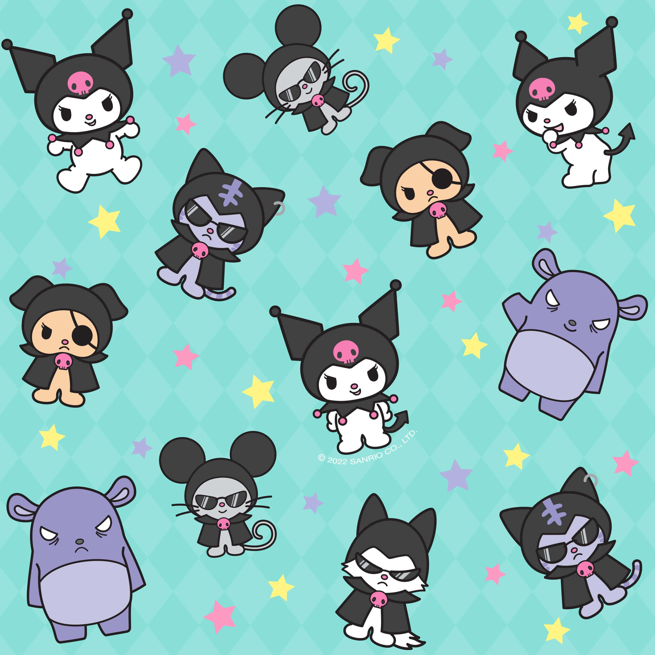 Kuromi Pattern 桌布 壁紙 — 可愛的Sanrio角色穿著恐怖服裝，在青綠色鑽石背景上漂浮於彩色星星之間。