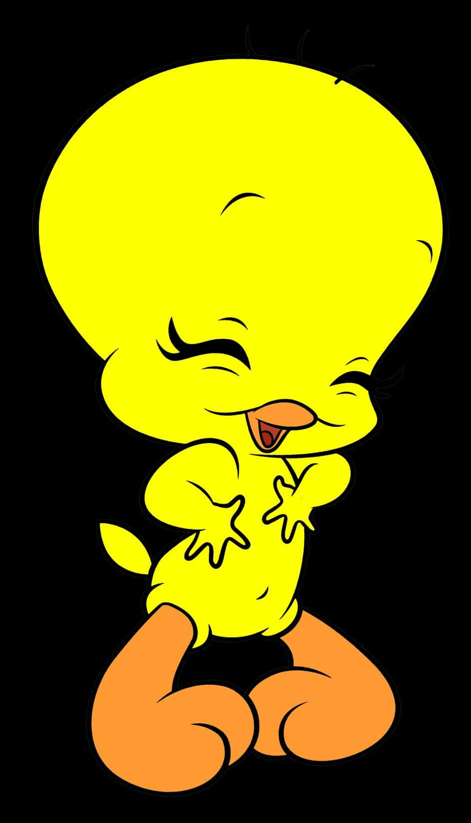 可愛的Tweety Bird 壁紙 — 一隻亮黃色的卡通小雞在黑色背景下閉著眼睛，用星形手開心大笑。