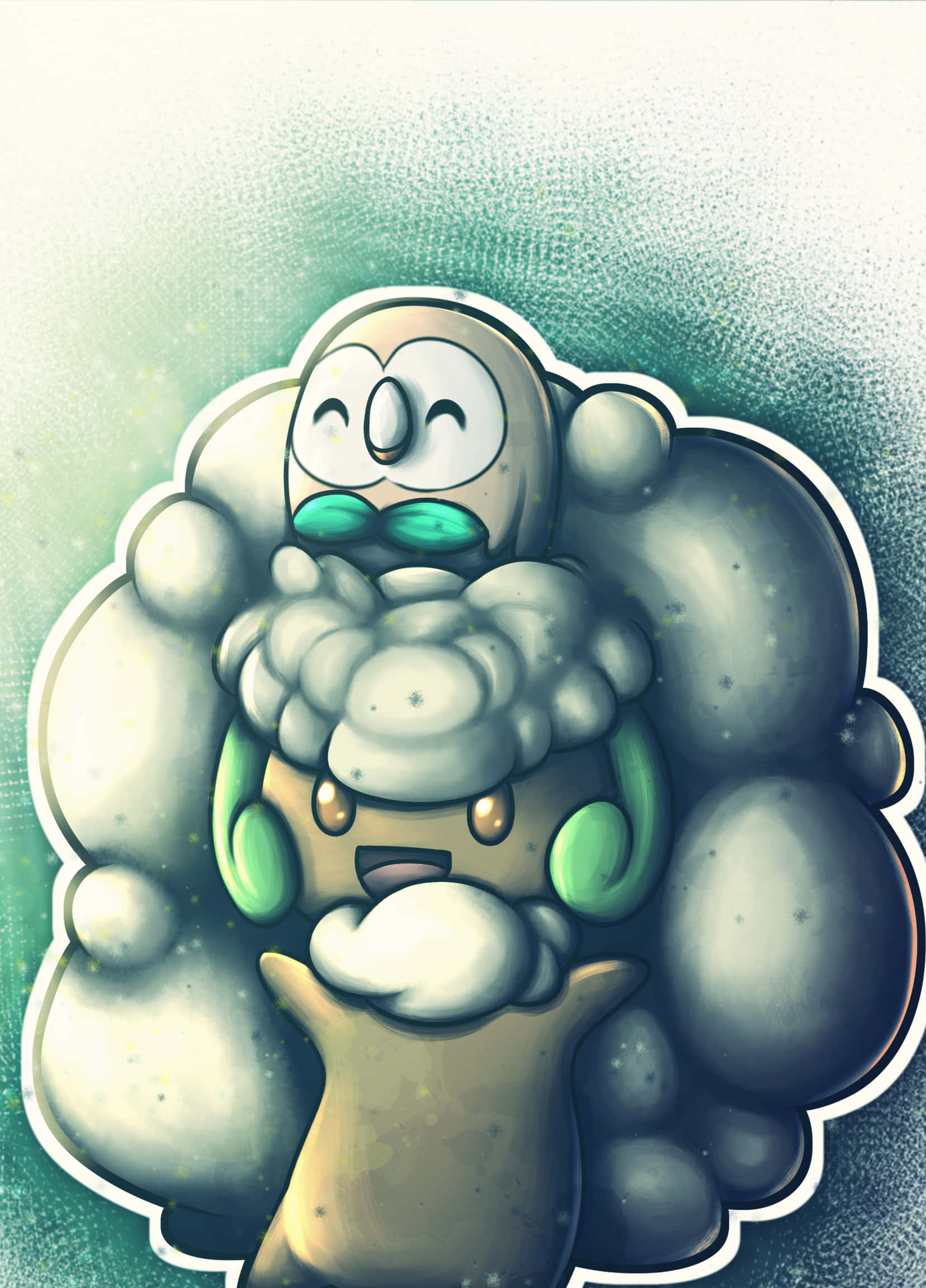 可愛的Whimsicott與Rowlet – 寶可夢好友 壁紙 — 一個快樂的卡通雲朵生物，有綠色鬍子和圓圓的眼睛，在柔和的青綠色漸變背景上微笑。