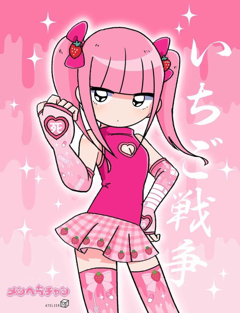 可愛的Yami Kawaii角色手持彩色冰淇淋 壁紙 — 一位粉紅色頭髮的動漫女孩穿著草莓主題服裝，在閃閃發光的粉紅色背景前拿著一個心形物體。