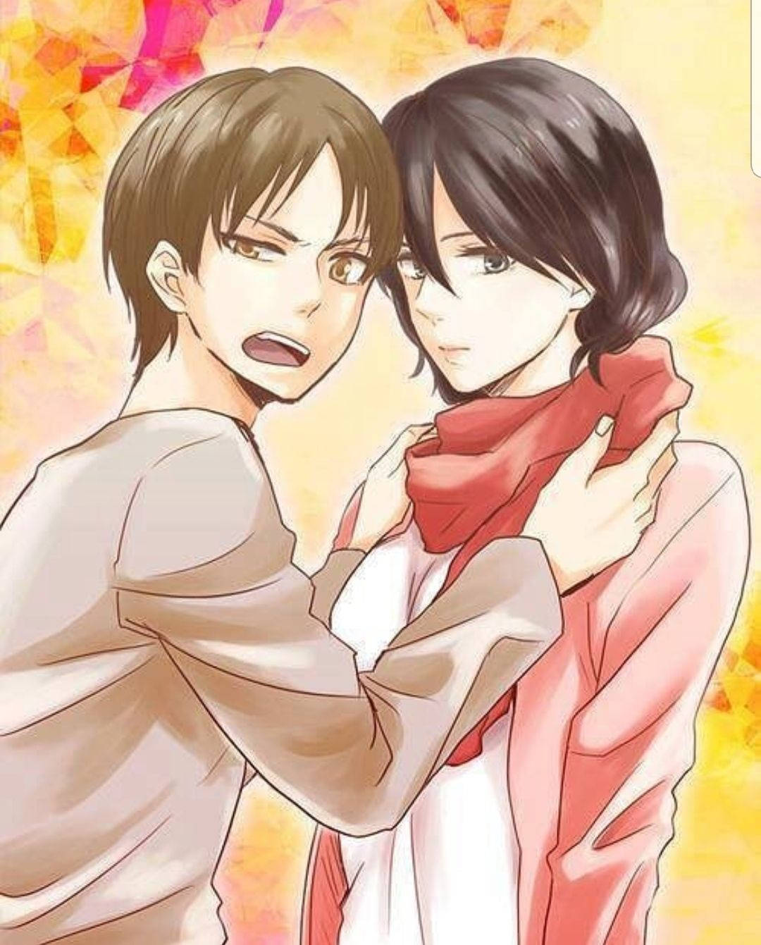 兩個動漫角色溫暖地擁抱，其中一個拿著一條紅色圍巾。