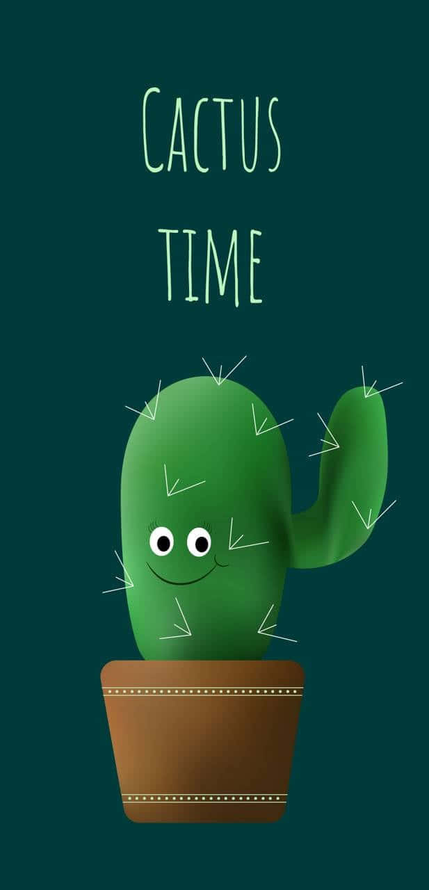一個微笑的卡通仙人掌在花盆中，深綠色背景上有 'CACTUS TIME' 文字。