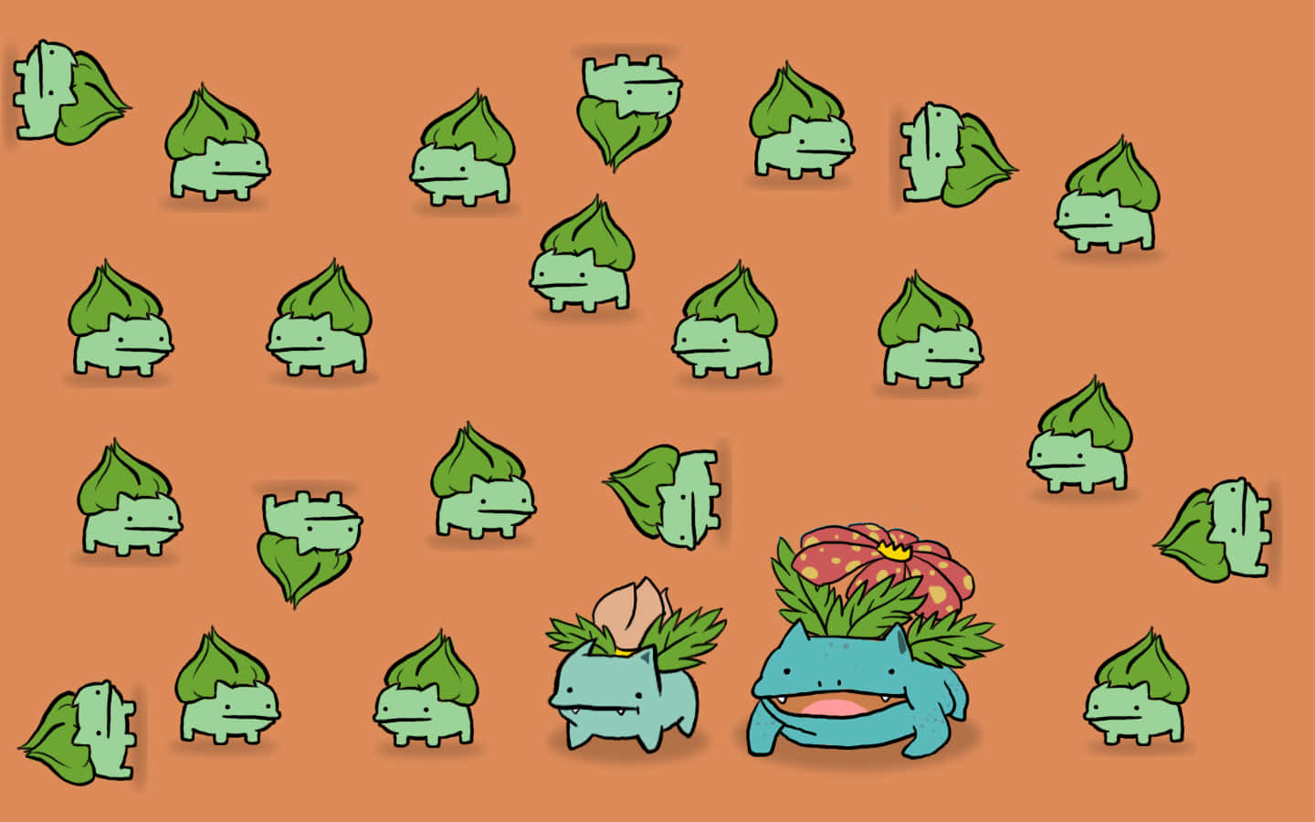 橙色背景上重複嘅 Bulbasaur 同 Ivysaur 寶可夢圖案。