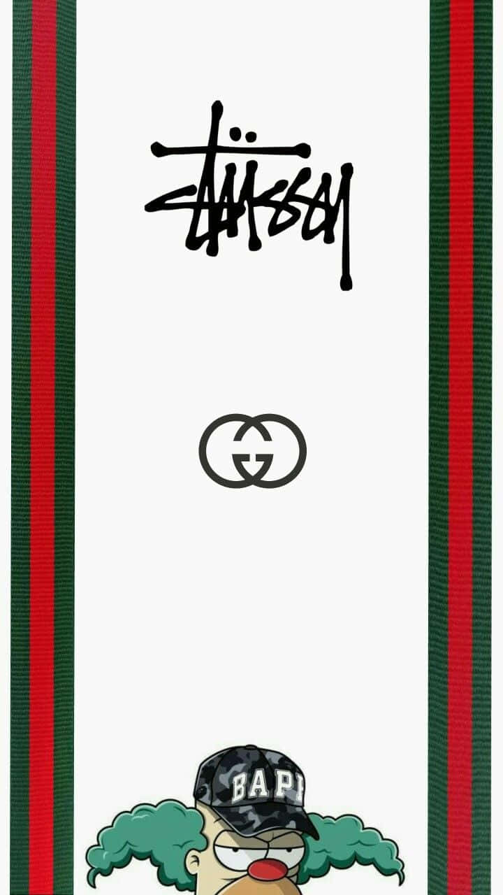 卡通小丑戴著帽子在時尚品牌標誌下方，兩側有紅綠條紋。