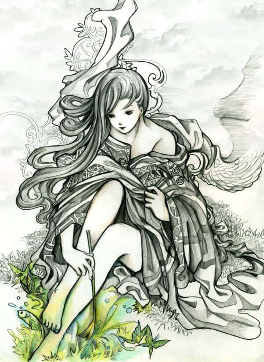 可愛的動漫線稿 壁紙 — 一位優雅的動漫女孩，長髮飄逸，身著華麗連衣裙，靜靜地坐在草地上，帶有細膩的綠色水彩點綴。