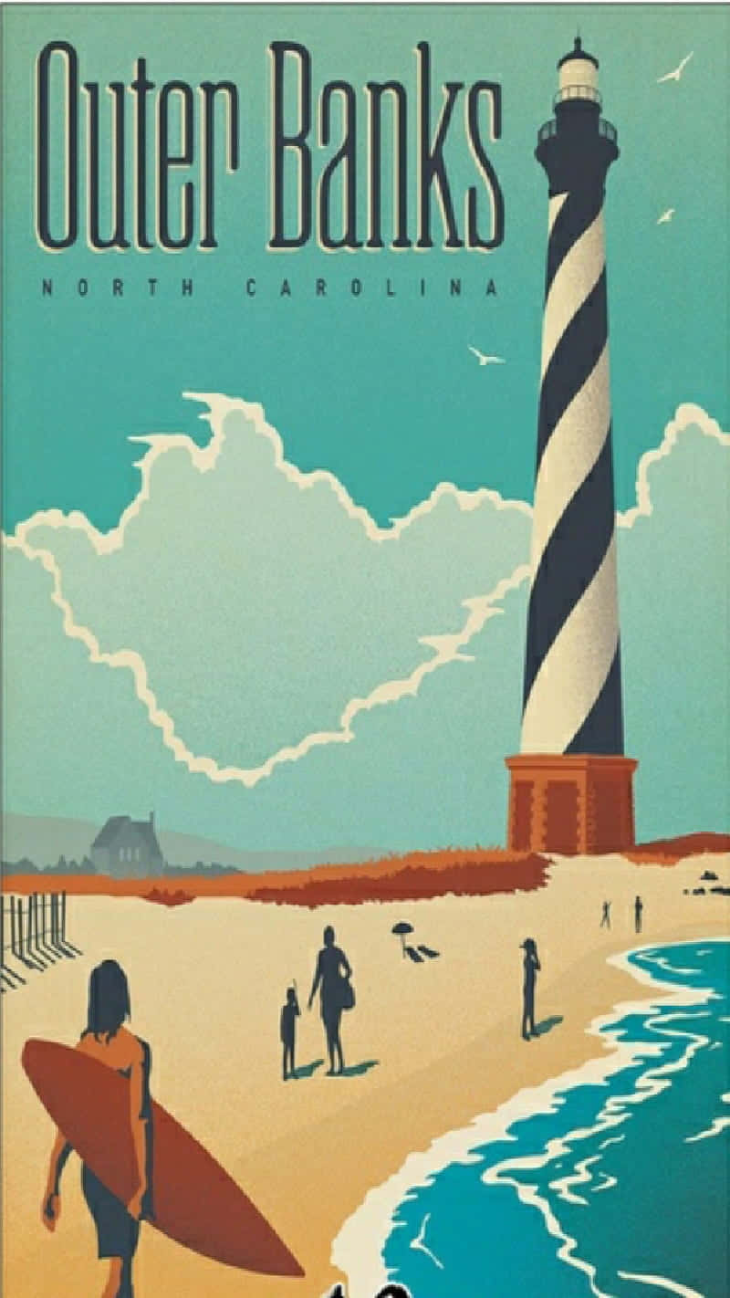 北卡羅來納州外灘群島的復古海報，特色是條紋燈塔和帶衝浪板的海灘遊客。