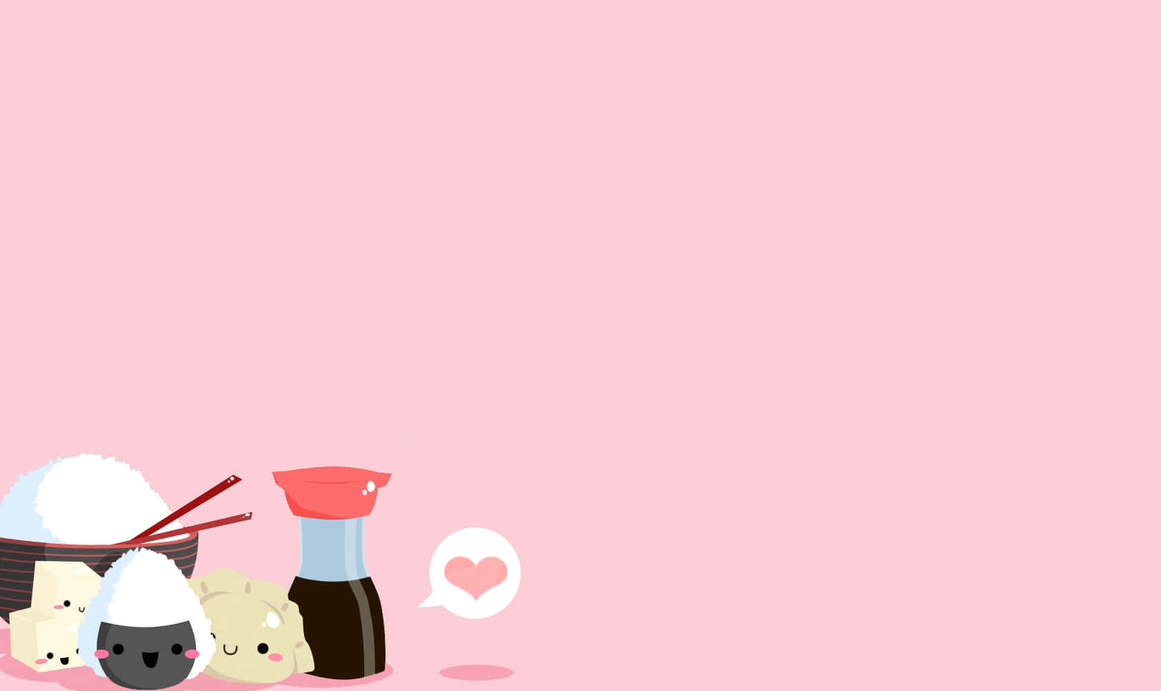 Kawaii Pink Aesthetic Desktop 桌布 壁紙 — 可愛的卡哇伊卡通壽司和餃子，配有筷子及醬油，置於柔和的粉紅色背景上。