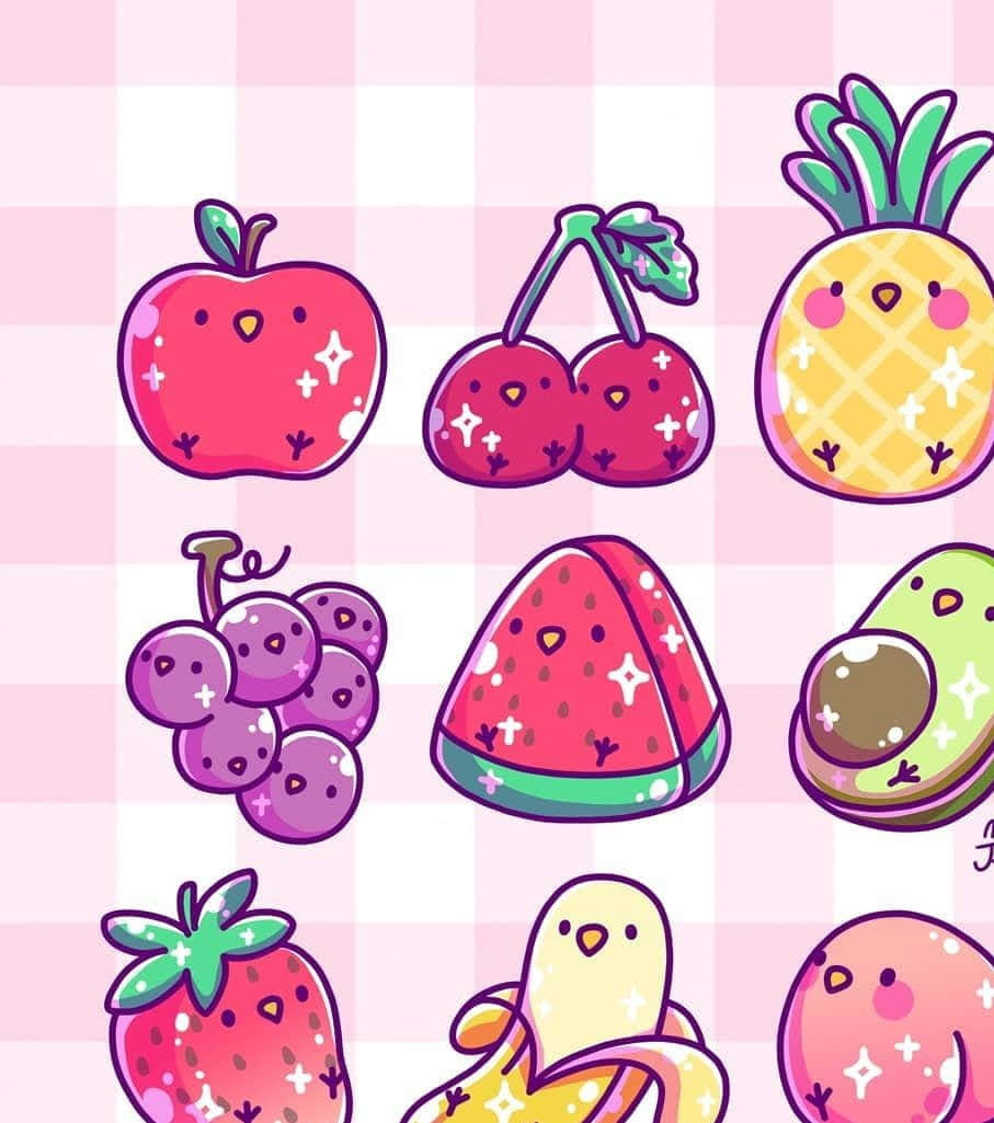Kawaii Fruit 桌布 壁紙 — 可愛的卡哇伊水果，帶有表情和閃光，排列在粉紅色格子背景上。