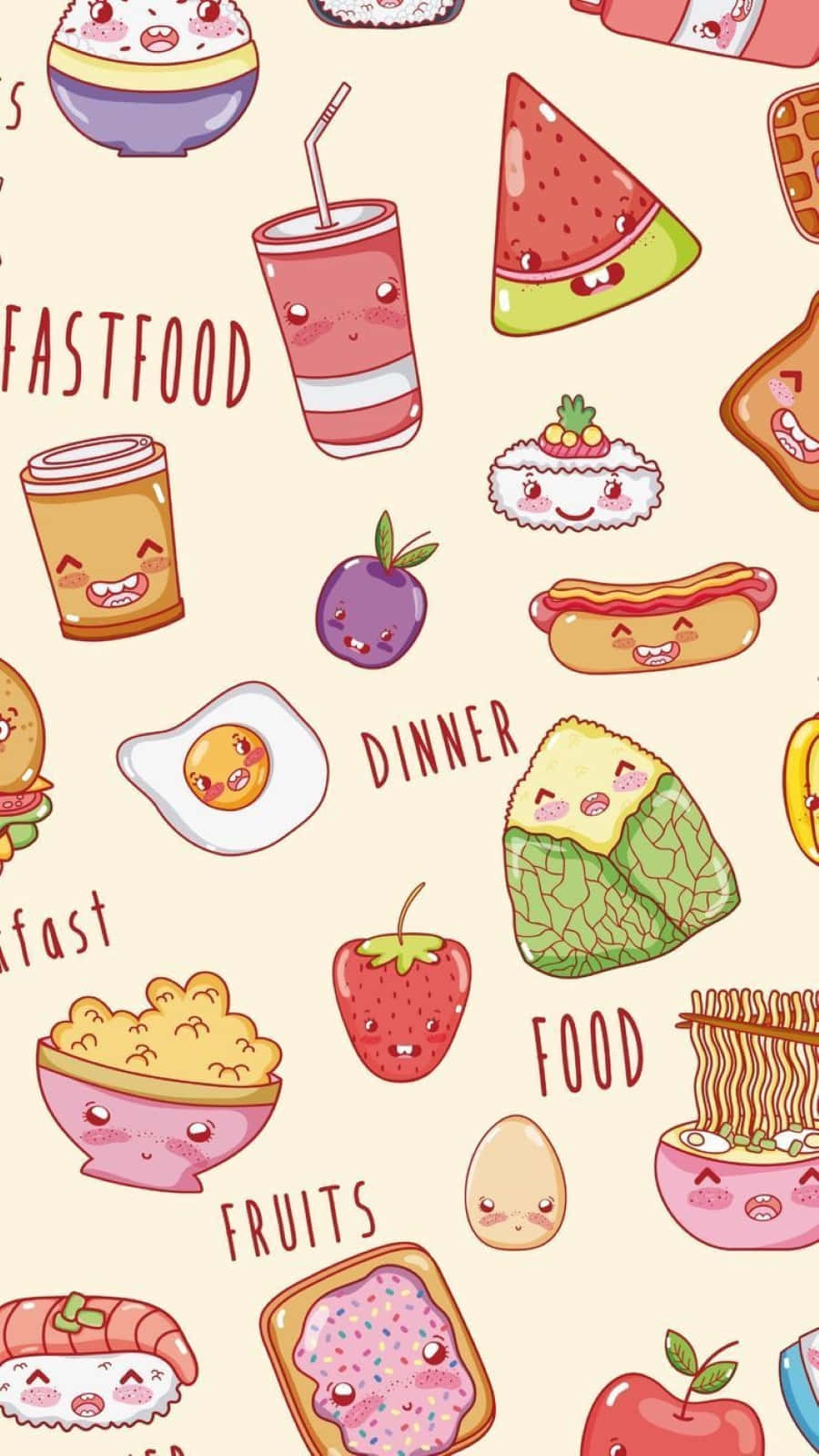 Kawaii Food 桌布 壁紙 — 可愛的卡哇伊食物，帶有表情，在柔軟的米色背景上以重複圖案排列。