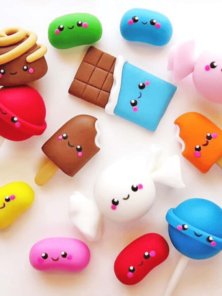 Kawaii Food 桌布 壁紙 — 可愛的卡哇伊黏土糖果，帶有笑臉，排列在白色表面上。