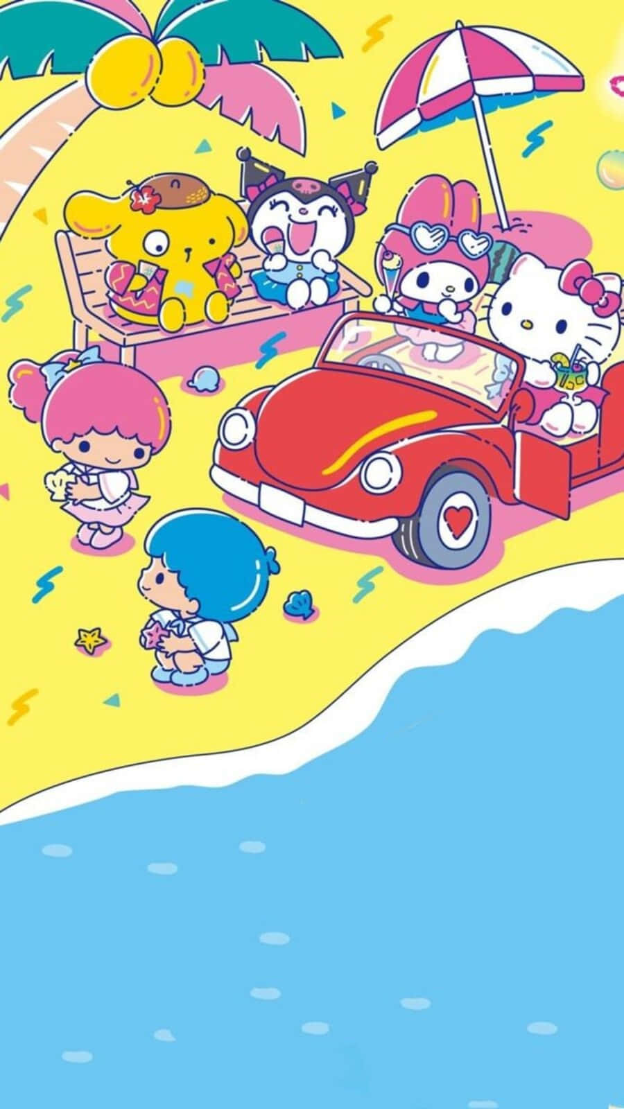 Hello Kitty And Friends 桌布 壁紙 — 可愛的卡通人物在陽光明媚的海灘日享受紅色敞篷車和棕櫚樹。