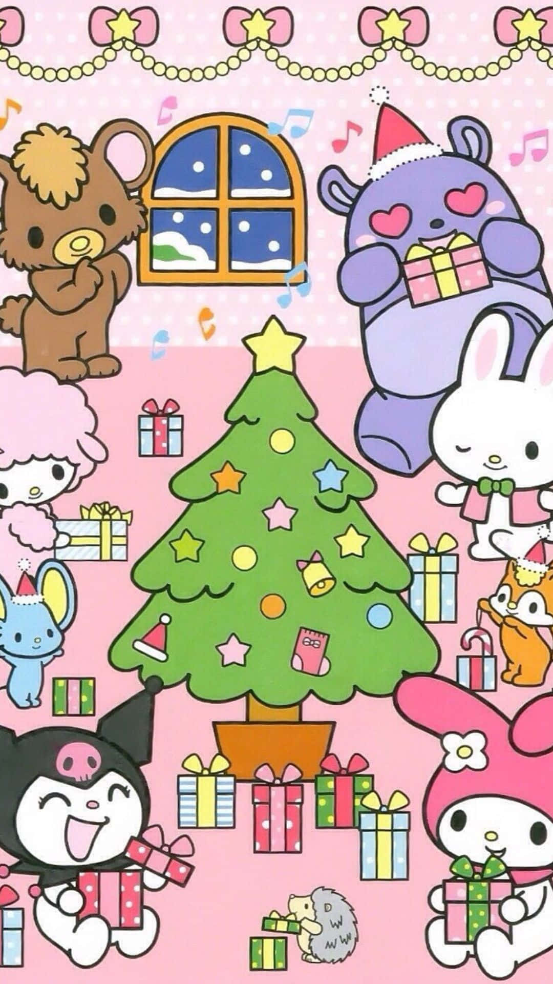 Kuromi Christmas 桌布 壁紙 — 可愛的卡通人物聚集在裝飾好的聖誕樹周圍，在節日氣氛的粉紅色房間裡交換禮物。