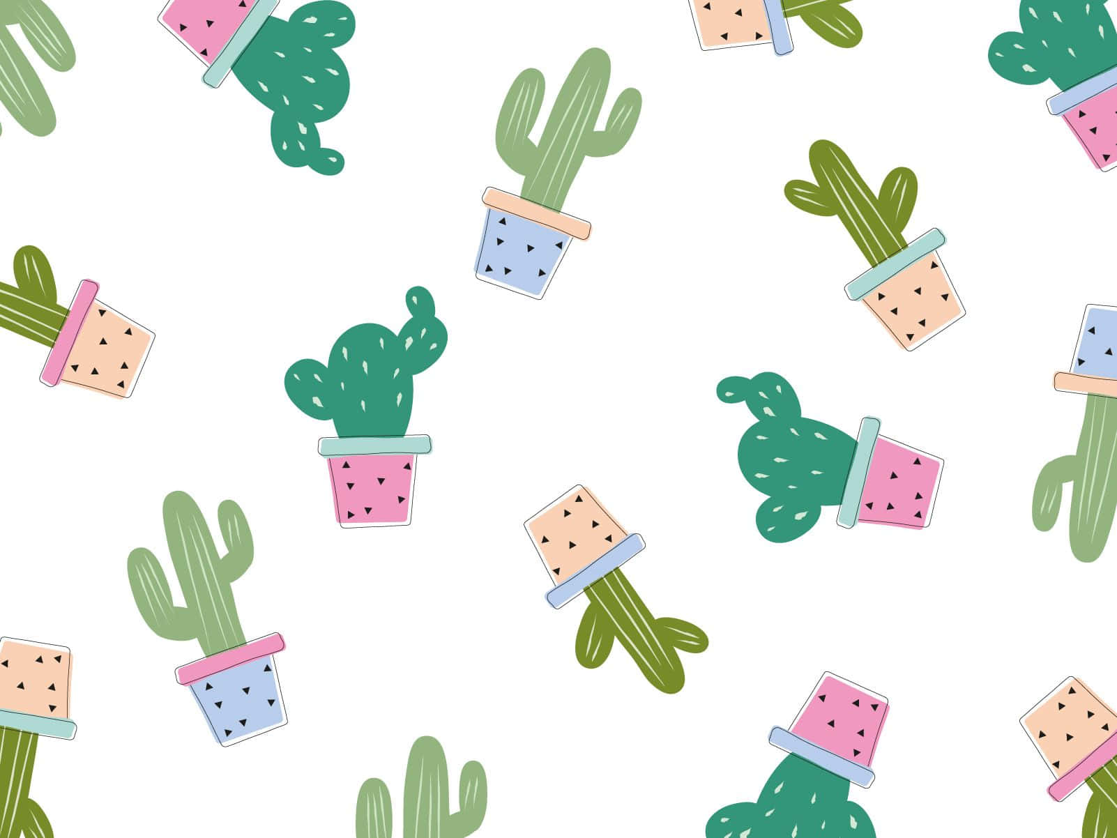 Kawaii Cactus 桌布 壁紙 — 可愛的卡通仙人掌散落在粉彩花盆中，背景是潔淨的白色。